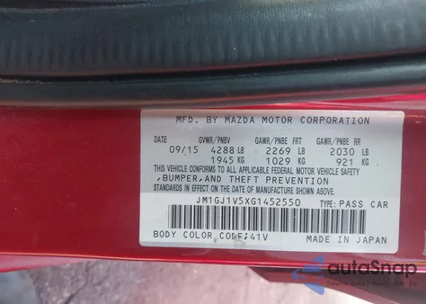 2016 Mazda Mazda6 I Touring from USA, damaged, VIN JM1GJ1V5XG1452550